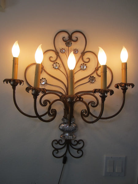 Italian Tole Wall Sconce Glass Vase Bloom Flower Medallions Scrolled Five Lights Branches - Designer Unique Finds 
