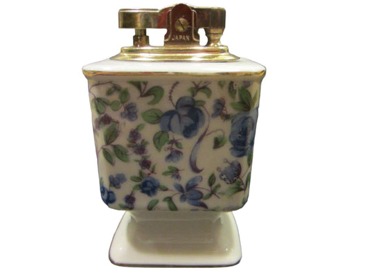 Porcelain Table Lighter Blue Flowers Brass Hardware Made in Japan - Designer Unique Finds 