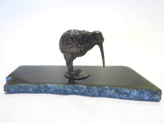 Silver Woodpecker Miniature Bird On Green Slab Marked PNW EPNS