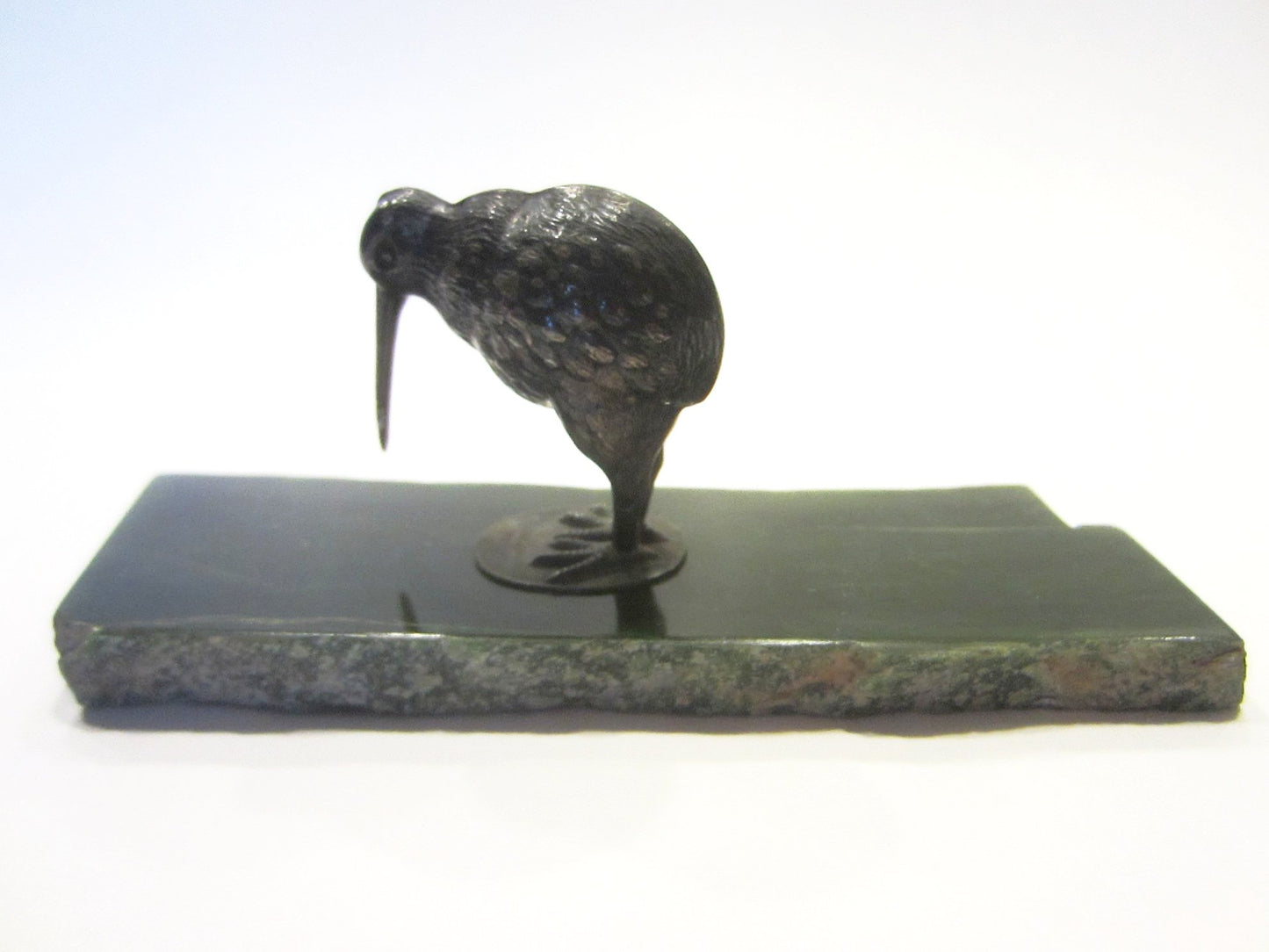 Silver Woodpecker Miniature Bird On Green Slab Marked PNW EPNS