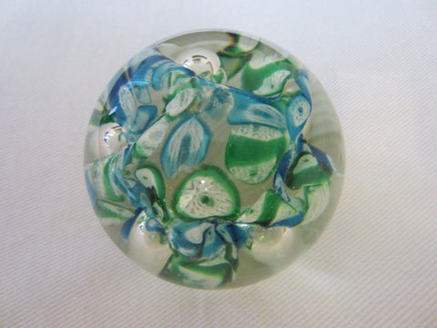 Exclusive Lefton Japan Millefiore Glass Paperweight Green Blue Flowers - Designer Unique Finds 