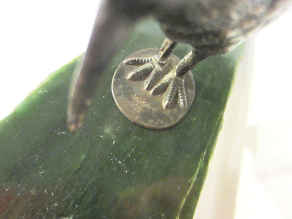 Silver Woodpecker Miniature Bird On Green Slab Marked PNW EPNS