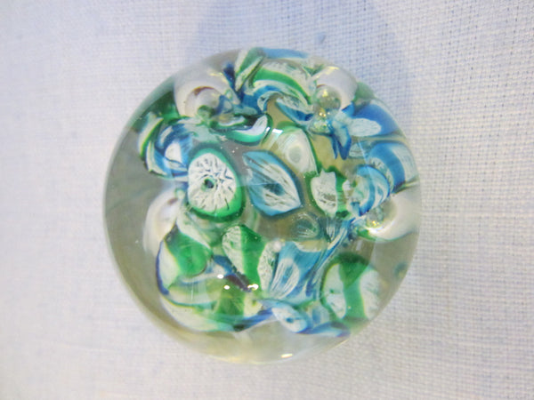 Exclusive Lefton Japan Millefiore Glass Paperweight Green Blue Flowers - Designer Unique Finds 