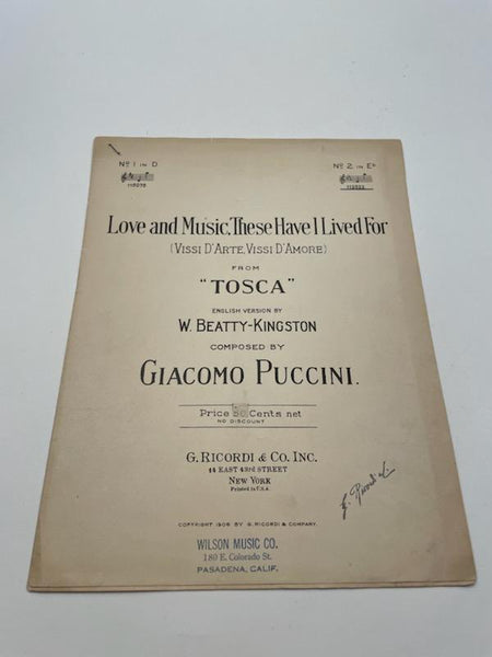 Tosca Composed Manuscripts By Giacomo Puccini Ephemera Copyright 1906 G Ricordi New York