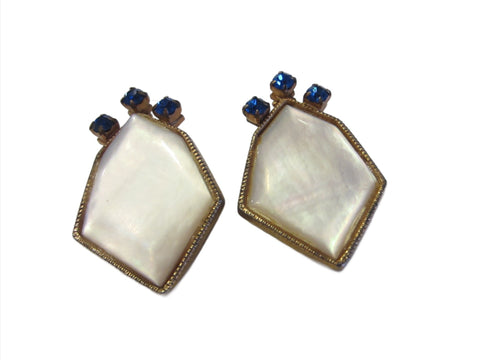 Art Deco Golden Earrings Clip On Geometric Cabochon MOP Blue Glass Gems