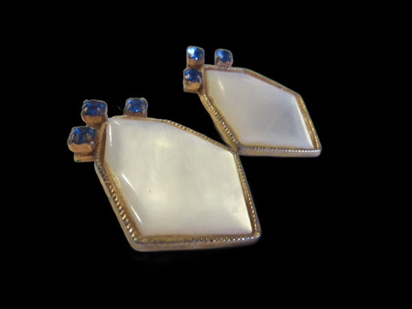 Art Deco Golden Mother of Pearl Cabochon Gems Clip On Earrings 