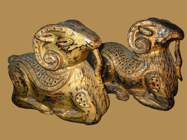 Golden Rams Bookends Micro Mirror Composed Sculptures