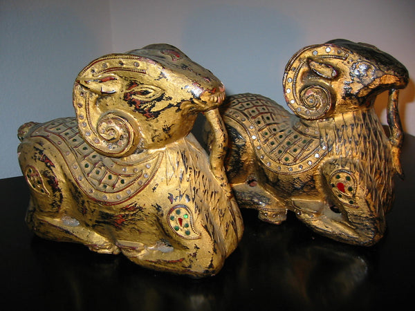 Golden Rams Bookends Elaborate Micro Mirror Composed Sculptures