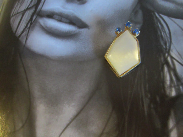 Art Deco Clip On Golden Earrings Geometric Cabochon MOP Blue Glass - Designer Unique Finds 