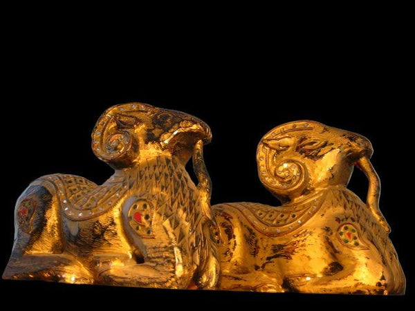 Oriental Golden Rams Bookends Colored Micro Mirrors Foo Dogs - Designer Unique Finds 