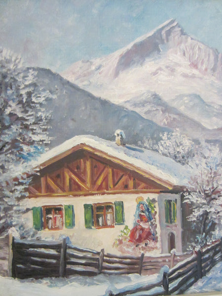 Okreno Winter Swiss Alps Impressionist Signed Oil On Board
