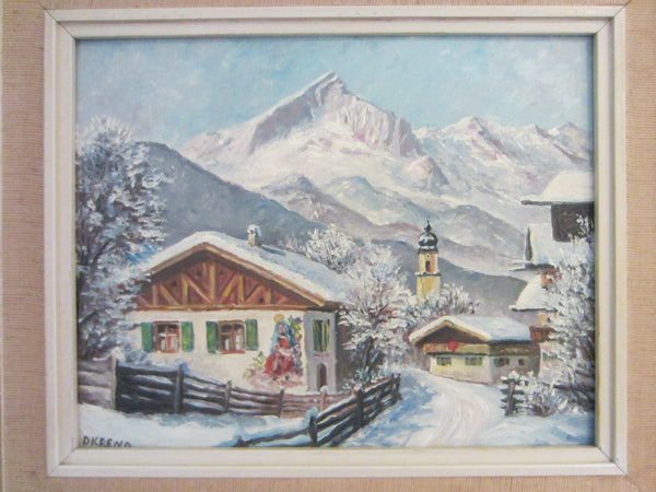 Okreno Winter Swiss Alps Impressionist Signed Oil On Board