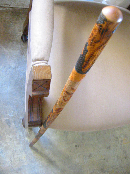 Folk Art Burl Wood Hand Carved Figurative Cane Walking Stick - Designer Unique Finds 