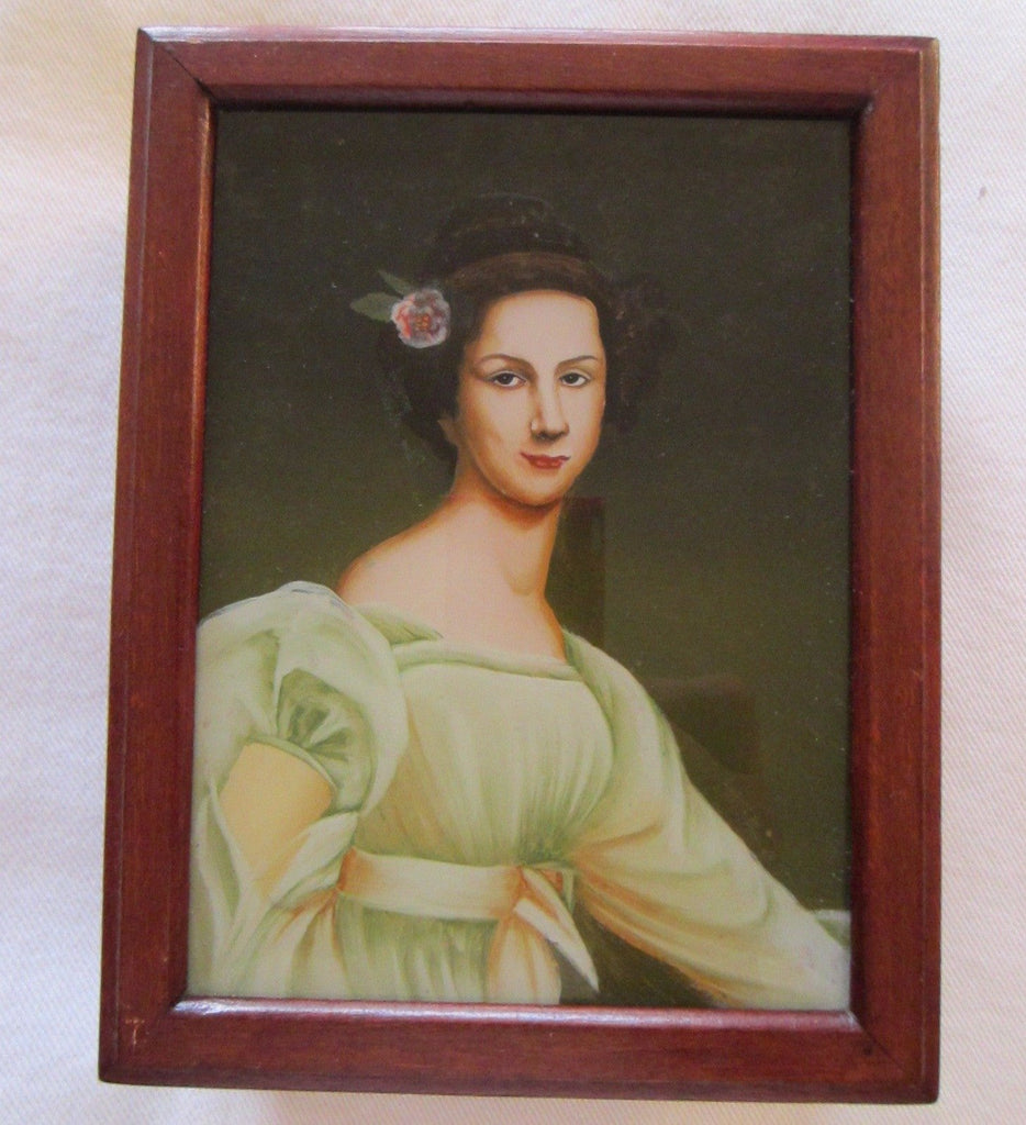 Victorian Style Portrait Reverse Glass Painting Mahogany Box - Designer Unique Finds 