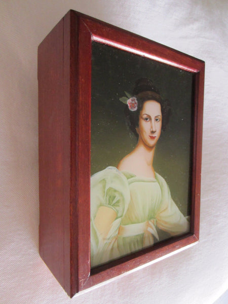 Victorian Style Portrait Reverse Glass Painting Mahogany Jewelry Box - Designer Unique Finds 