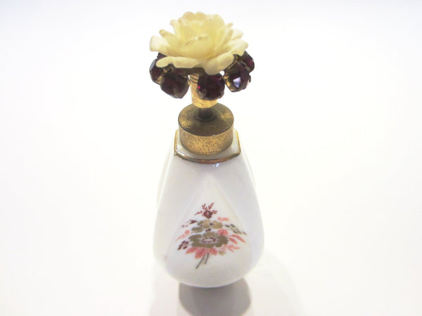 French Milk Glass Perfume Bottle Red Sparkle Crystals Flower Brass Top - Designer Unique Finds 