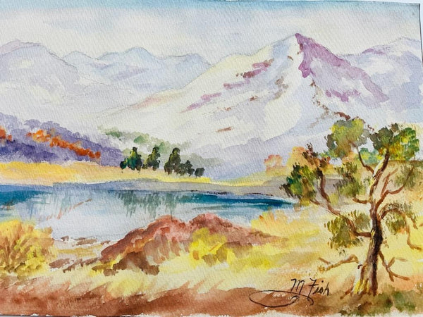 Impressionist Mountain Scape Singed M Fish Watercolor Gouache Painting