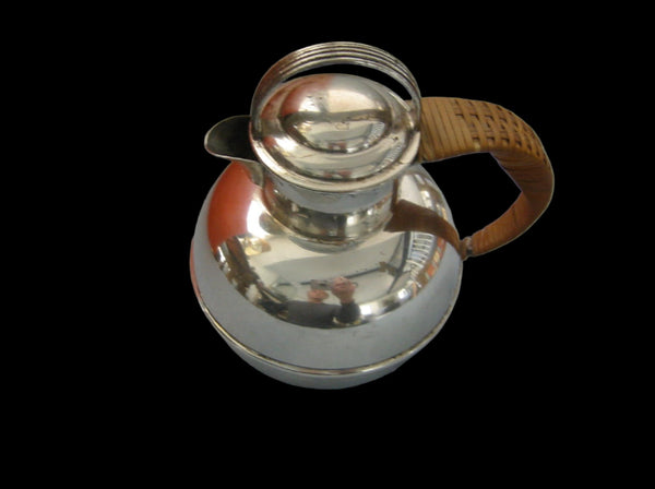 Art Deco Silver Teapot Wicker Handle Etched Hallmarks