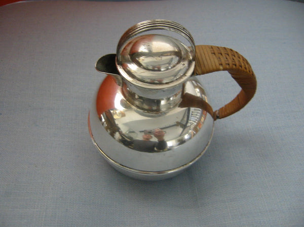 Art Deco Silver Teapot Wicker Handle Etched Hallmarks
