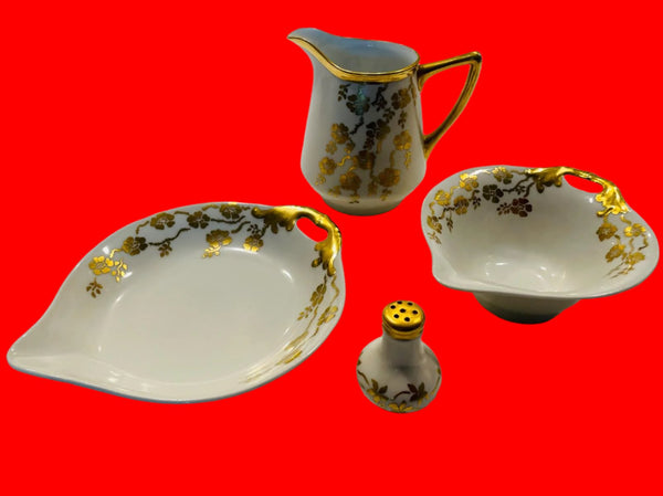 Germany Brief Set Candy Bowls Salt Shaker Cream Jar Gold Flowers