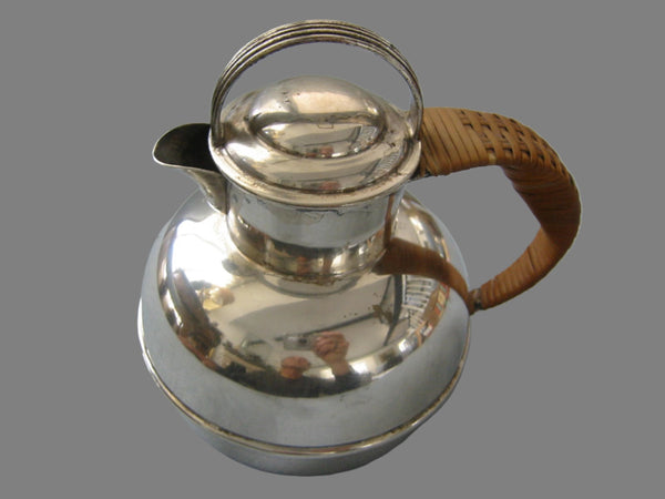 Art Deco Silver Teapot Wicker Handle Etched Hallmarks