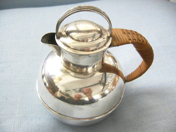Silver Art Deco Teapot Wicker Handle Etched Hallmarks - Designer Unique Finds 
 - 1