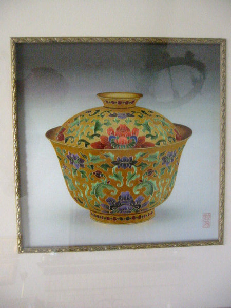 Asian Golden Bowl Embroidered Silk Art Lotus Flowers Signed By Artist - Designer Unique Finds 
 - 4