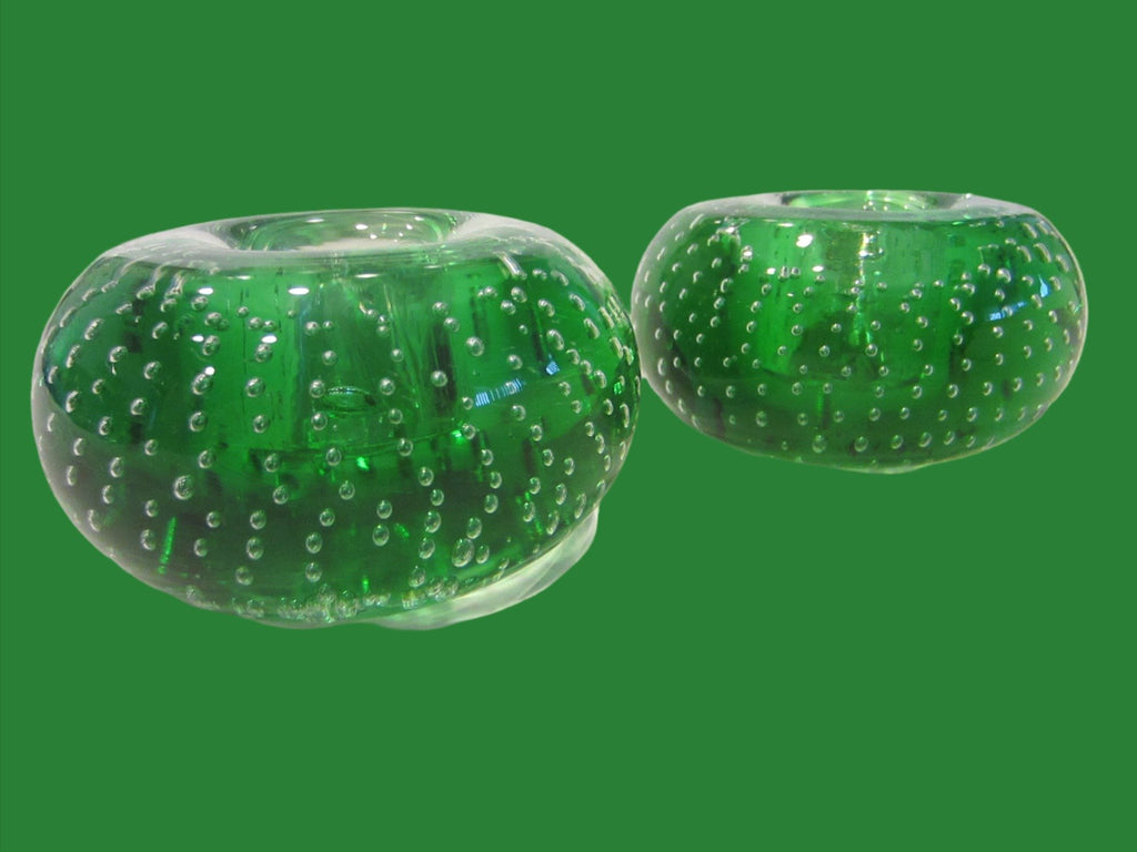 Green Glass Votive Candle Holders Controlled Bubbles Designer Unique