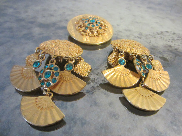Blue Crystals Brass Brooch Dangling Earrings Eastern Inspire - Designer Unique Finds 