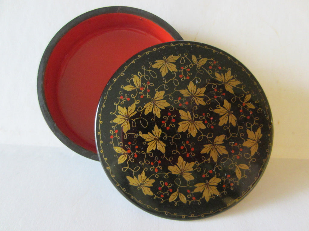 Russian Miniature Lacquer Box Signed Painted Gold Berries - Designer Unique Finds 
 - 1