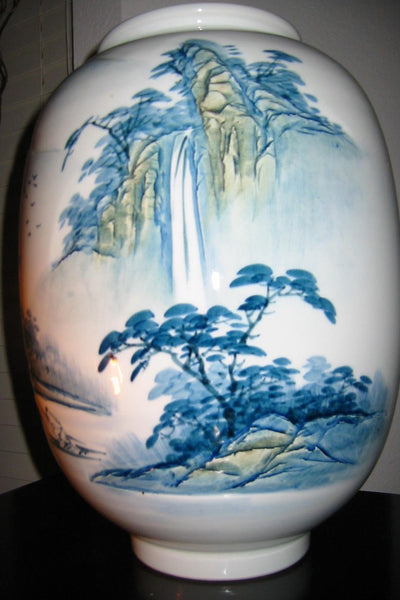Baluster Scenic Porcelain Vase Japan Mountain Waterfalls Majolica Yellow Accent - Designer Unique Finds 
 - 1