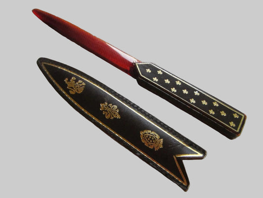 Italian Leather Handle Celluloid letter Opener Emboss Lion Shield Cover - Designer Unique Finds 