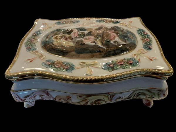 R Capodimonte Italy Porcelain Box Majolica Cherubs Hand Painted Figurative