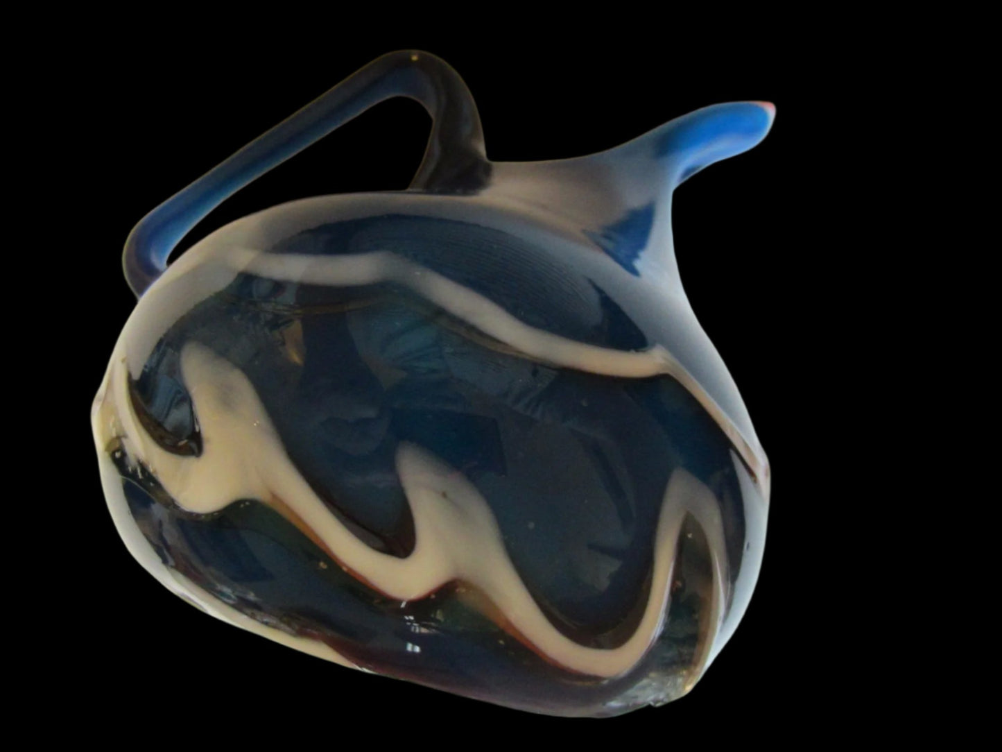 Folk art Blown Blue Glass White Wave Pitcher Orange Accent - Designer Unique Finds 