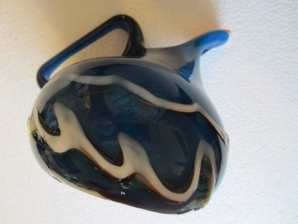Folk art Blown Blue Glass White Wave Pitcher Orange Accent - Designer Unique Finds 