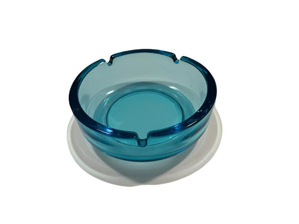 Mid Century Post Modern Blue Round Glass Ashtray