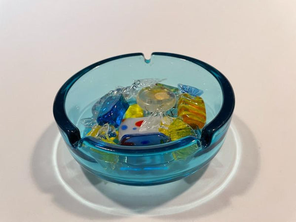 Mid Century Post Modern Blue Round Glass Ashtray