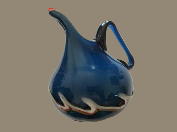 Folk art Blown Blue Glass White Wave Pitcher Orange Accent