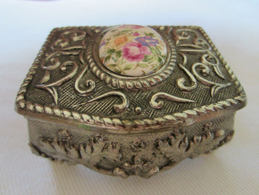 Art Deco Miniature Jewelry Box Japanned Pewter Porcelain Medallion - Designer Unique Finds 
 - 1