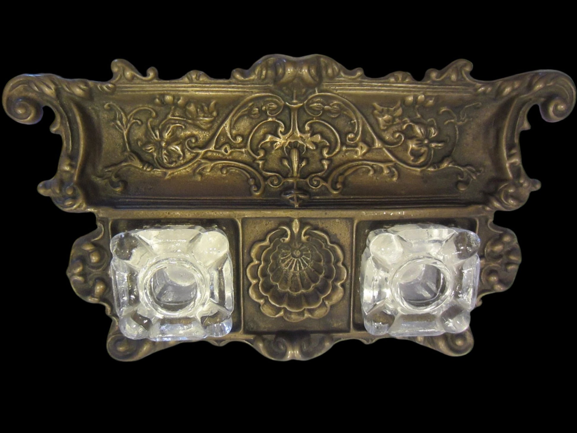 Rococo Style Bronze Inkwell Clam Shell Glass Inserts Floral Stand - Designer Unique Finds 
 - 4