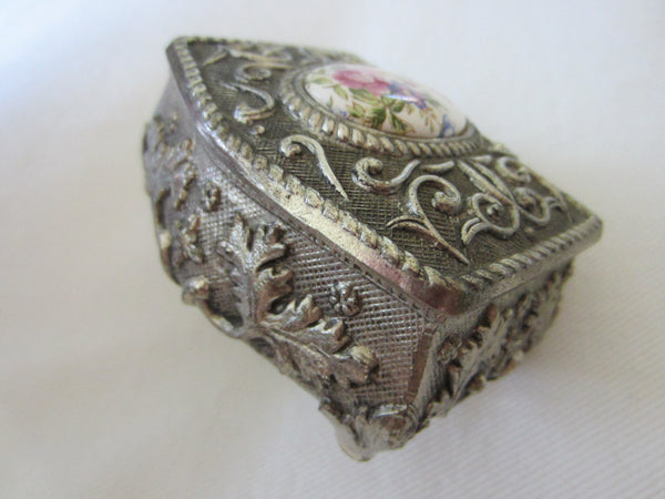 Art Deco Miniature Jewelry Box Japanned Pewter Porcelain Medallion - Designer Unique Finds 
 - 3