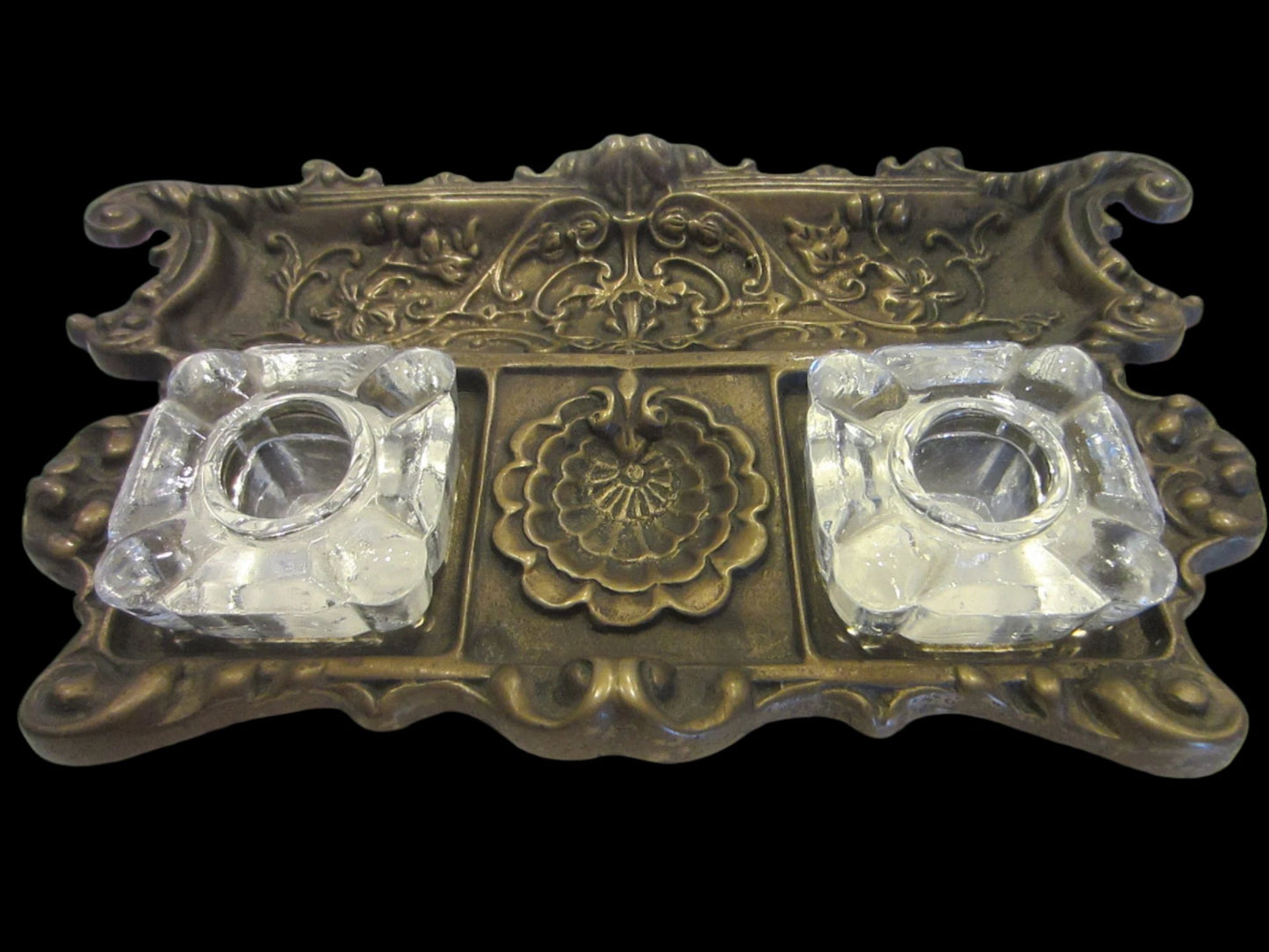 Rococo Style Bronze Inkwell Clam Shell Glass Inserts Floral Stand - Designer Unique Finds 
 - 3