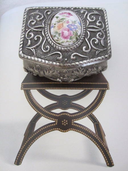 Art Deco Miniature Jewelry Box Japanned Pewter Porcelain Medallion - Designer Unique Finds 
 - 2