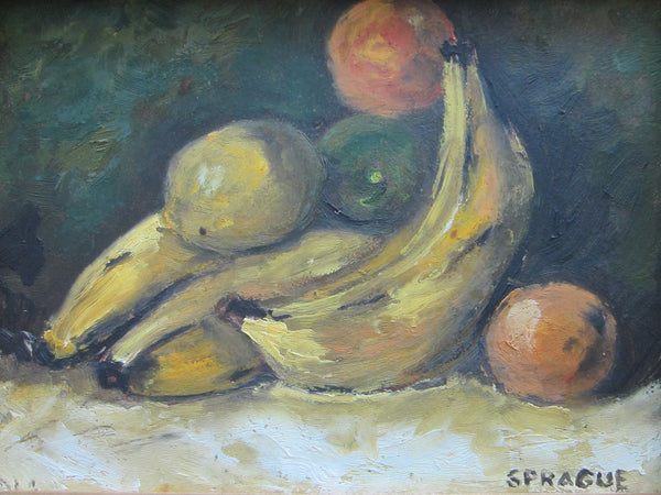 Still Life Fruits Yellow Bananas Plums Oil On Board Signed SPRAGUE