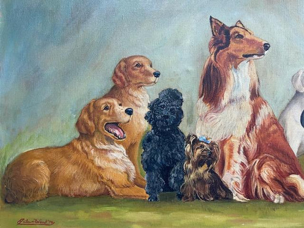 Eileen Ward Dogs Cats Gathering Signed Oil On Canvas