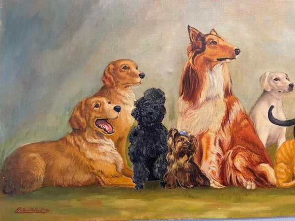 Eileen Ward Dogs Cats Gathering Signed Oil On Canvas