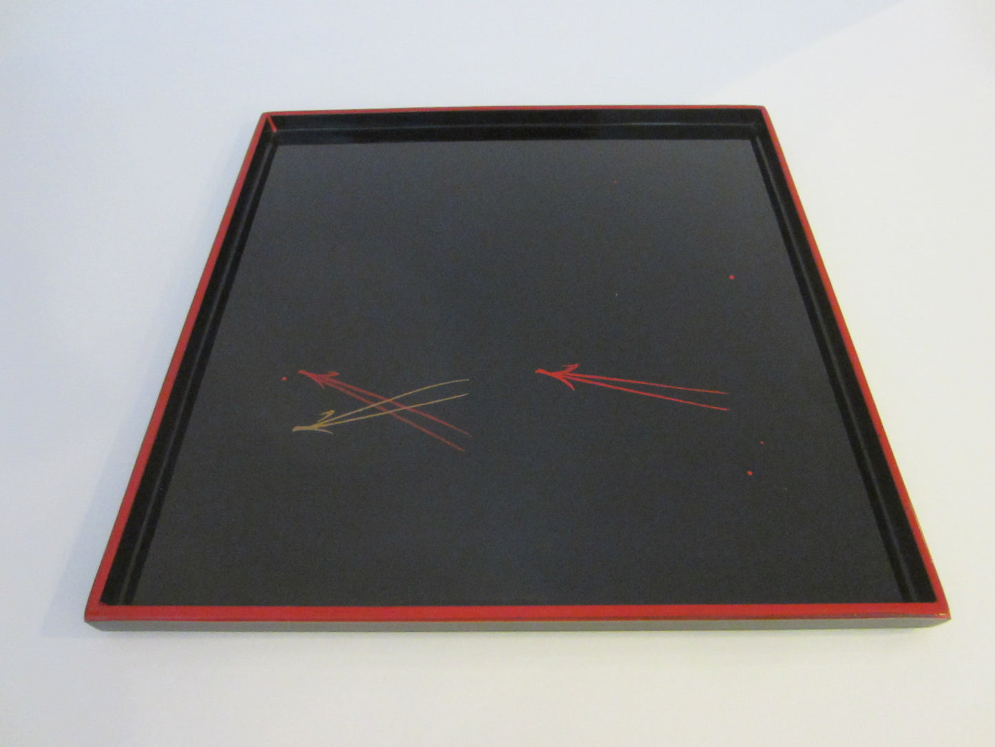 Black Tray Set Red Boarder Hand Painted Flowers Made in Japan - Designer Unique Finds 