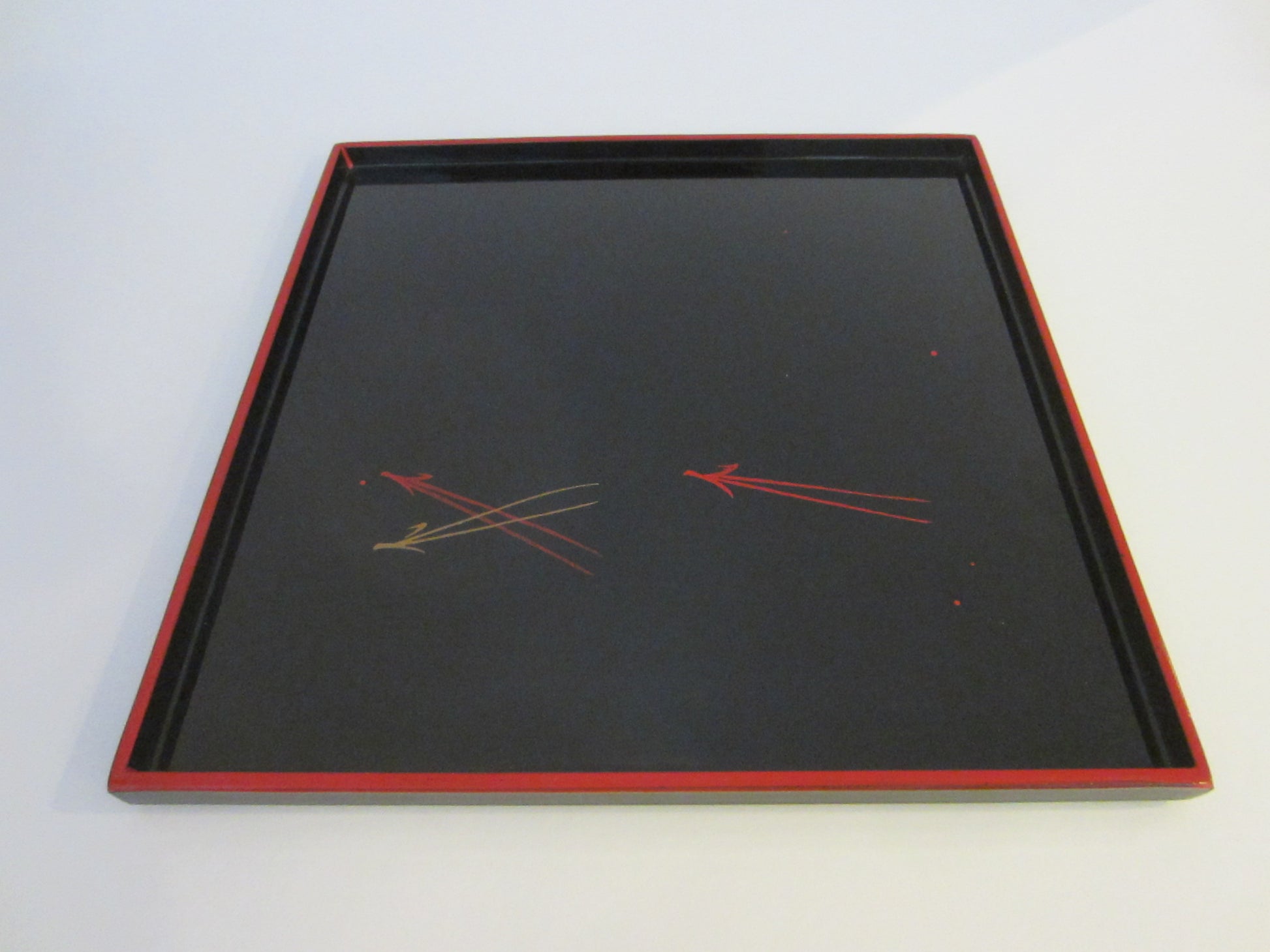 Black Tray Set Red Boarder Hand Painted Flowers Made in Japan - Designer Unique Finds 