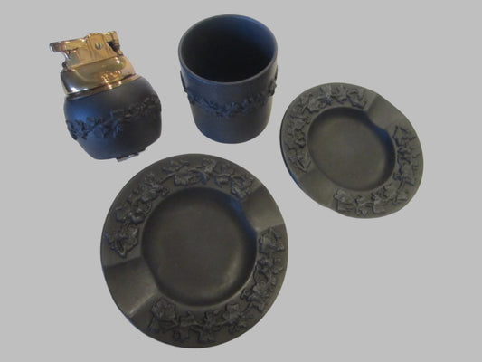 Wedgwood England Majolica Brown Ashtray Lighter Set Table Décor - Designer Unique Finds 