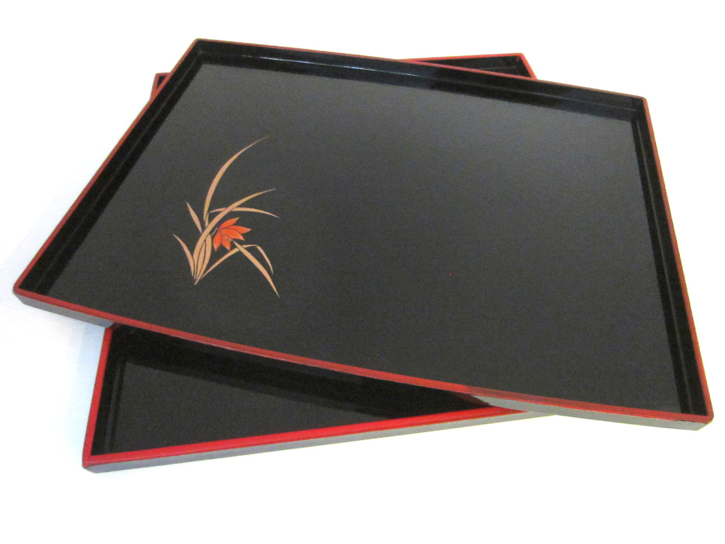 Two Lacquered Square Floral Hand Painted Black Trays Made In Japan